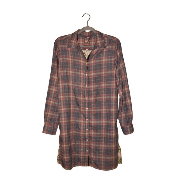 JOHNNY WAS $375 Plaid Flannel Floral Silk Button Down Shirt Dress Small - Picture 1 of 4